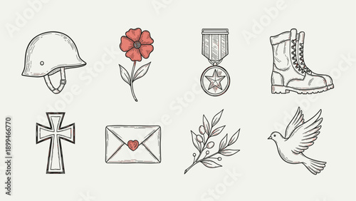 Collection of military and peace symbols in a hand-drawn sketch style