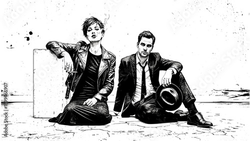 Stylish couple in black and white, woman smoking, man holding hat, urban grunge aesthetic