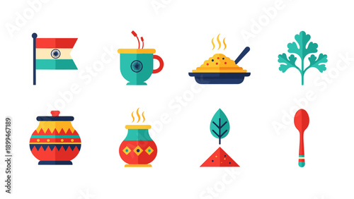 Indian cultural icons: flag, food, spices, and herbs in flat design style