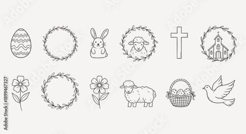 Easter Christian icons with cross, lamb, church, wreaths, eggs, bunny, dove and spring symbols
