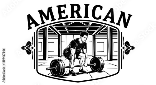 American weightlifter performing a deadlift in a gym, black and white illustration