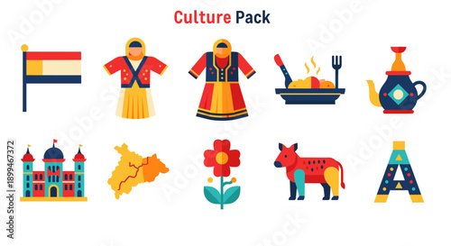 Colorful flat icons representing culture, traditions, and national symbols