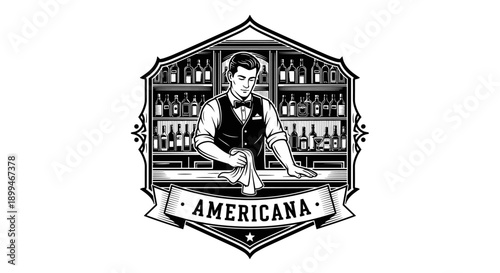 Vintage Americana emblem with male portrait, workshop details, classic craftsmanship style illustration