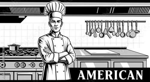 Professional chef in uniform standing with arms crossed in a commercial kitchen setting