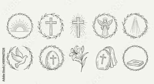 Collection of hand-drawn religious symbols and Easter icons in a minimalist line art style