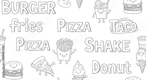 Colorful cartoon fast food icons and words for kids including burger pizza taco and fries on white background