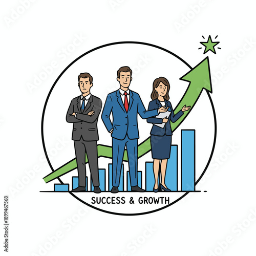 A confident team of diverse business professionals stands united before an ascending bar graph and upward arrow, representing strategic growth, collective success, and future achievement.