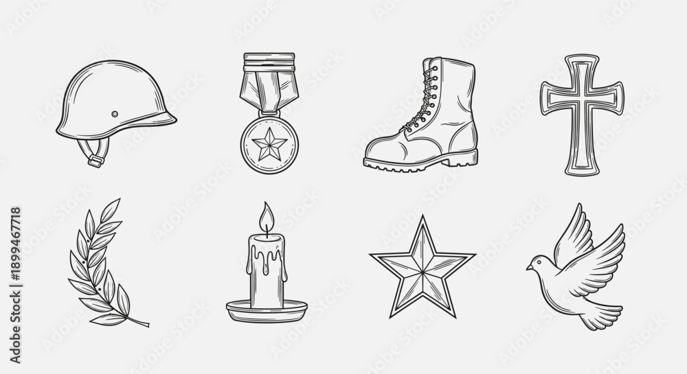 Fototapeta premium Collection of military and remembrance symbols in a hand-drawn sketch style