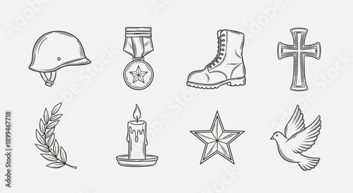 Collection of military and remembrance symbols in a hand-drawn sketch style