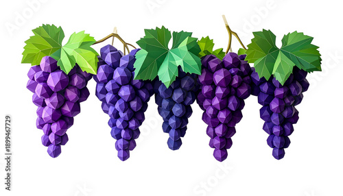 Low Poly Polygon Grapes Bunch 3D Illustration Isolated on Transparent Background