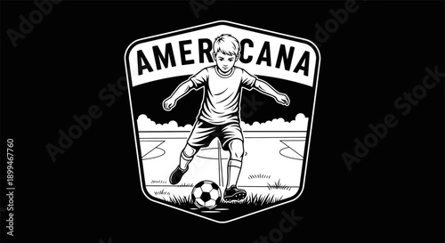 Young boy playing soccer on a field with the word Americana above him in a crest