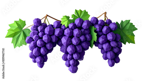Geometric Low Poly Grapes Illustration with Faceted Purple and Green Fruit Isolated on Transparent Background