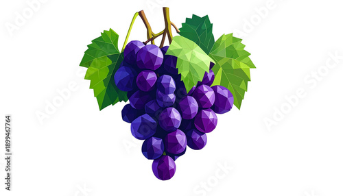 Abstract Low Poly Grape Cluster in Polygon Style Isolated on Transparent Background