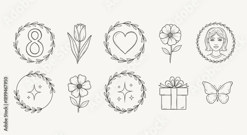 Collection of hand-drawn line art icons for International Women's Day and celebrations