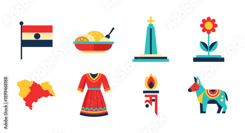 Collection of flat design icons representing cultural symbols and landmarks from various regions