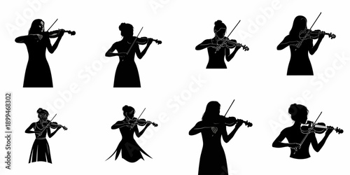 Set of eight elegant black silhouettes featuring women violinists playing classical music.