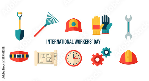 International Workers' Day celebrated with diverse tools and symbols of labor