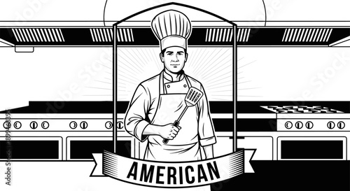 Professional chef holding a spatula in a commercial kitchen, ready to cook American cuisine