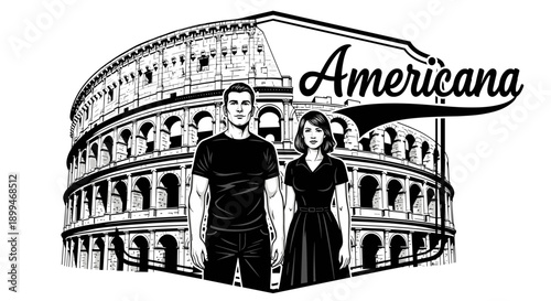 Couple standing in front of the Colosseum with the word Americana above them
