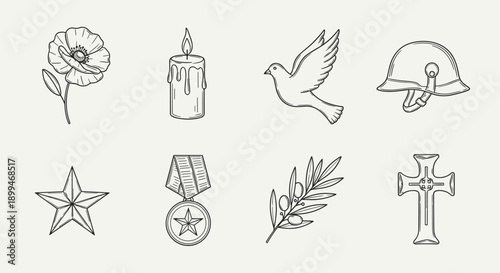 Collection of symbols representing peace, remembrance, and military honor in a hand-drawn style