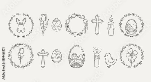 Collection of hand-drawn Easter icons including bunny, eggs, tulips, crosses, and candles