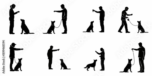 Dog Training Silhouettes Collection: People and Dogs Performing Obedience Commands, Isolated Vector Icons on White Background