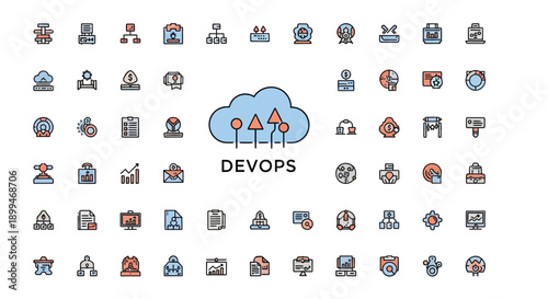 DevOps cloud computing icons set, workflow automation and agile development symbols