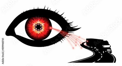 Intense gaze focuses on trucks driving on a winding road, symbolizing surveillance or tracking.
