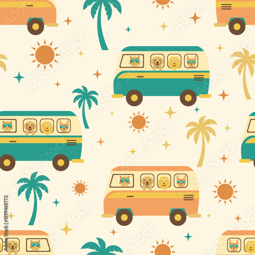 Pets road trip buddy seamless pattern with campervans , cats and dogs. Vintage 70s travel background vector flat design for holiday products.