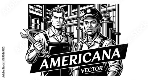 Two diverse male industrial workers with wrench and cap in front of pipes, Americana style