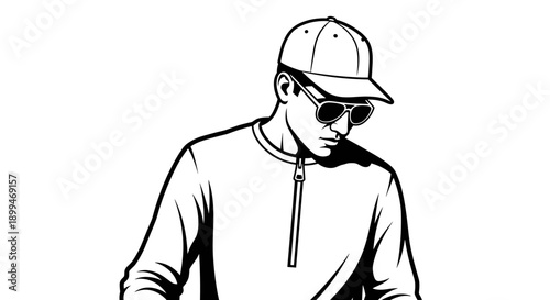 Stylish man wearing a baseball cap and sunglasses, rendered in a bold graphic illustration style