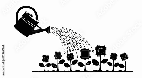 Watering can pouring binary code onto growing computer chips as plants
