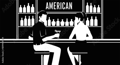Couple enjoying drinks at a stylish bar with American-themed decor and shelves of bottles
