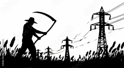 Silhouette of a farmer with a scythe in a field with power lines overhead, symbolizing the contrast between traditional and modern industry.