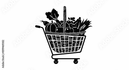 Fresh produce overflowing from a shopping cart, symbolizing healthy eating and abundance.