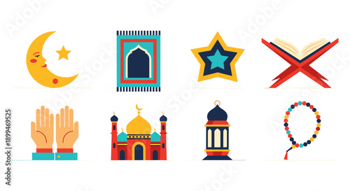 Collection of Islamic cultural symbols and religious icons in a flat design style