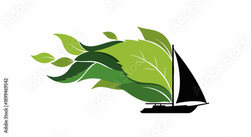 Sailing boat with green leaves forming a flowing sail, representing eco-friendly travel and nature.