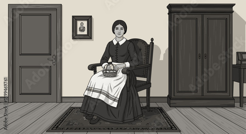Victorian woman in traditional dress sitting in a chair with a basket of eggs