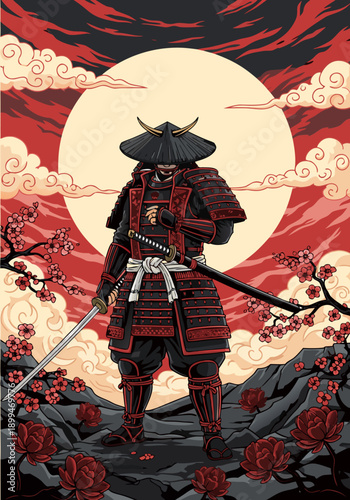 Ancient Warrior vector illustration of a Samurai in traditional armor standing with a sword, against a dramatic red sky and cherry blossoms