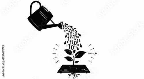 Watering can pouring binary code onto a sprouting plant growing from an open book, symbolizing digital growth and knowledge.