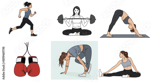 Collection of various athletic women engaging in diverse physical activities including running weightlifting yoga and stretching exercises