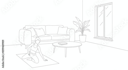 Woman in athletic wear performs a stretching or yoga pose on a mat inside a minimally furnished living room environment