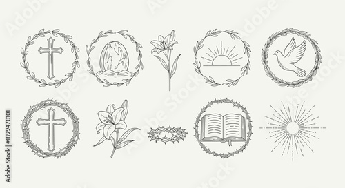 Collection of Christian symbols and Easter icons in a minimalist line art style
