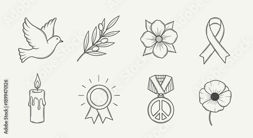 Collection of symbols representing peace, remembrance, and hope in a simple line art style