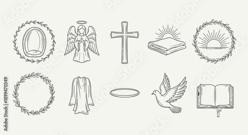Collection of religious and spiritual symbols in a hand-drawn outline style
