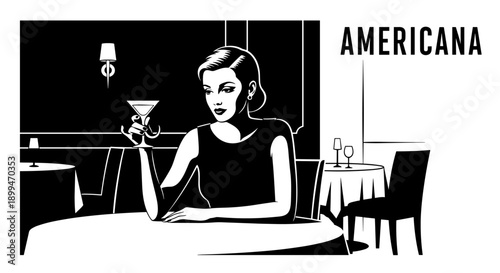 Elegant woman in a restaurant holding a martini glass, vintage Americana style