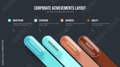 Company Performance 4 Option Diagram Presentation Template. Advertising Introduction Frame Design Vector Illustration. Financial Report Four Step Infographic Slide Layout.