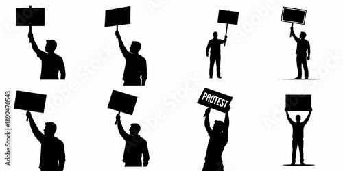 Collection of black silhouettes of protesters holding blank signs and placards high above their heads for copy space, isolated on white background.
