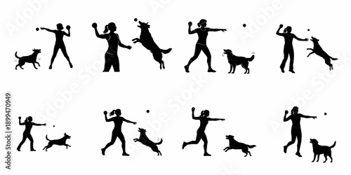 Vector silhouette set of women playing fetch with dogs, featuring throwing action, running, and jumping pets on a white background.