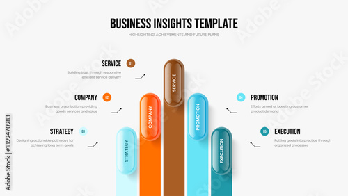 Company Strategy Slideshow Design Vector Illustration. Investor Analysis 5 Element Diagram Frame Template. Marketing Innovation Five Step Infographic Slide Layout.